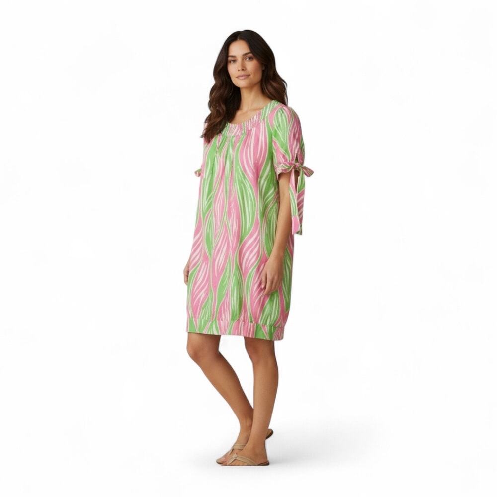 Lilly Pulitzer Silk Mini Dress Size 4 Pink Green Leaf Print Tie Short Sleeve
